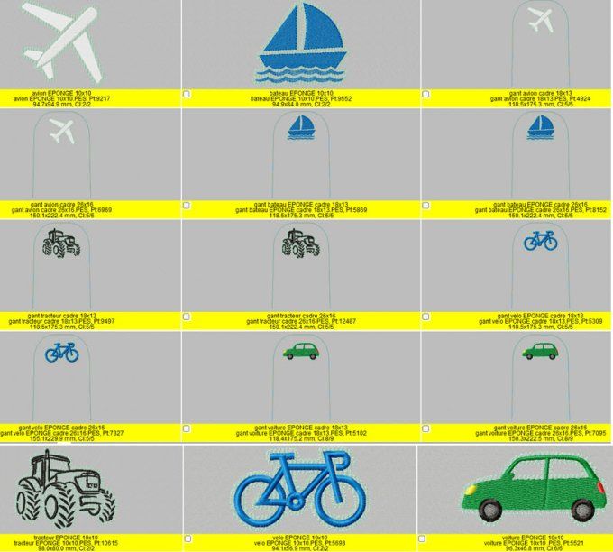Les gants série 16, l'avion, le tracteur, la bateau, la voiture, le vélo